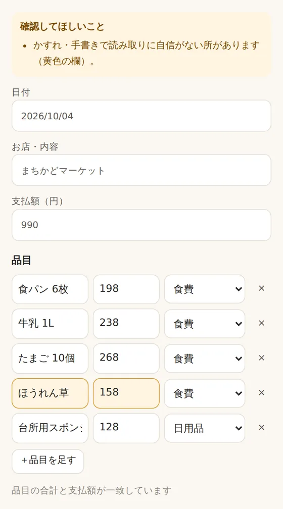 読み取りの確認画面。かすれていた「ほうれん草」の欄だけが黄色で示されている